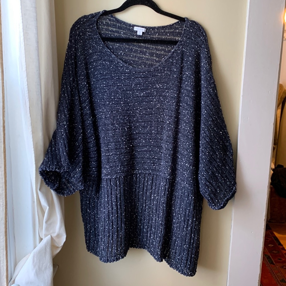 Pure Jill Kimono Sweater tunic 2X blue white open knit cotton scoop neck 3/4
